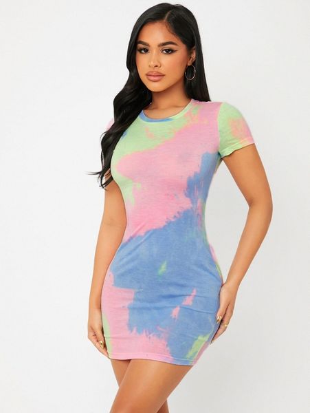 

petite tie dye bodycon dress k7d1#, Black;gray