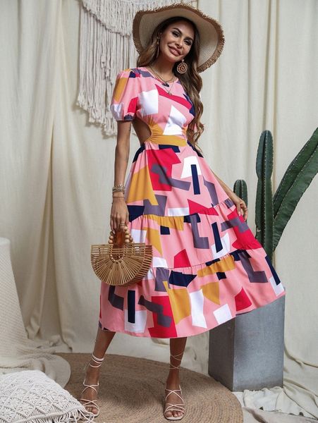 

geo print puff sleeve backless ruffle hem dress j3ay#, Black;gray