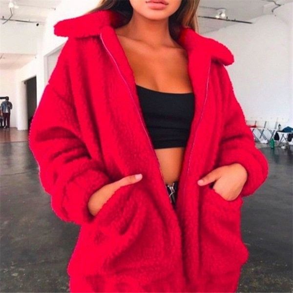 

autumn winter faux fur coat women casual warm soft zipper fur jacket plush overcoat pocket plus size coat female 201019, Black