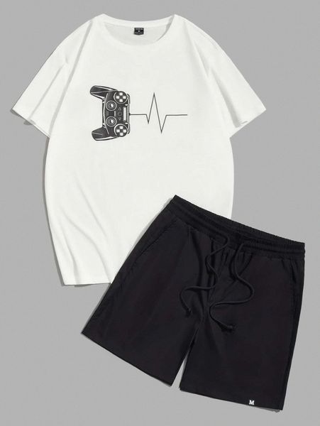 

men gamepad print tee & letter patch shorts set n2sc#, Gray
