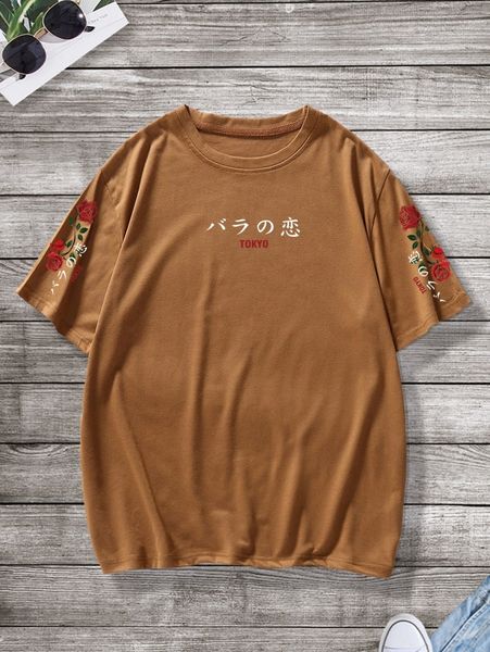 

men floral & japanese letter graphic tee r5wb#, White;black