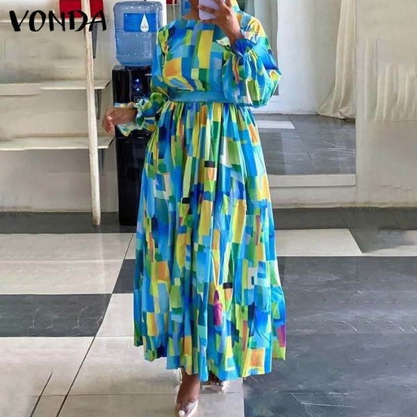 

holiday maxi dress vonda women vintage print long beach office belt pleated sleeve party vestido 220521, Black;gray