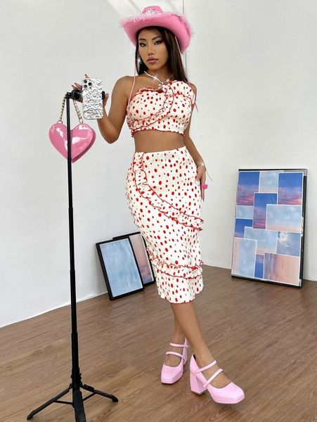 

polka dot print ruffle trim pencil skirt y2dz#, Black