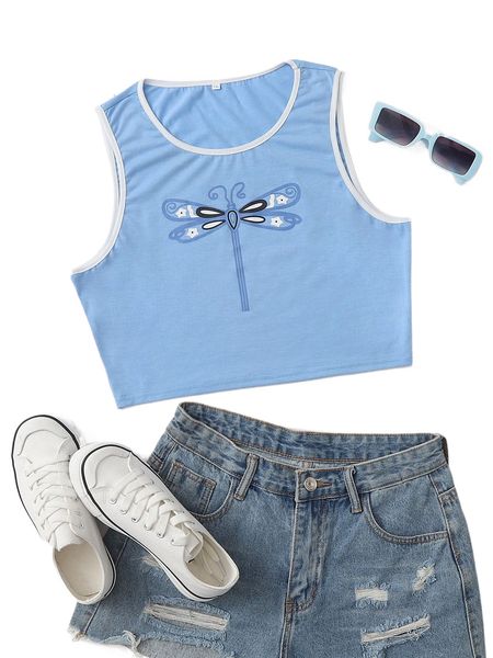 

plus 1pc dragonfly print contrast binding tank t5b7#, Black