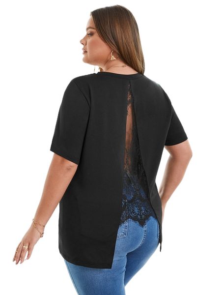 

plus solid contrast lace round neck tee i7jz#, Black