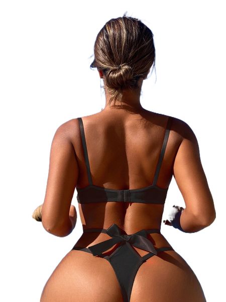 

bow decor cut-out mesh underwire lingerie set a6ya#, Black;red