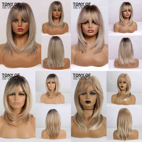 

hair synthetic wigs cosplay medium length ombre brown to blonde straight hair wigs with bangs synthetic for women cosplay heat resistant nat, Black