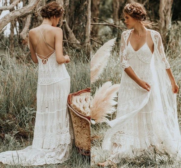

fairy bohemian beach wedding dresses with long sleeve jacket 2022 modern lace beach country bridal dress vestidos de novia, White