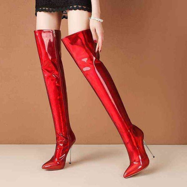 Сапоги дизайнерские женские женские каблуки сияющие фантомные лазерные высокие трубки направлены на коленные ботинки сексуальные вечеринки танцевальные модные ботинки 220802