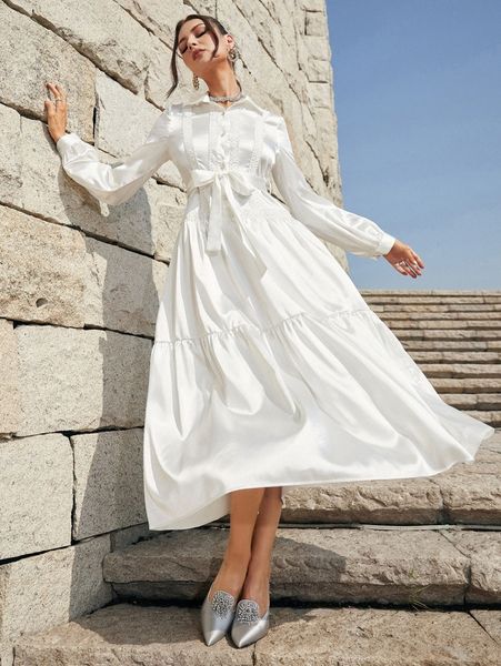 

x farah guipure lace appliques ruffle hem belted satin shirt dress t7tk#, Black;gray