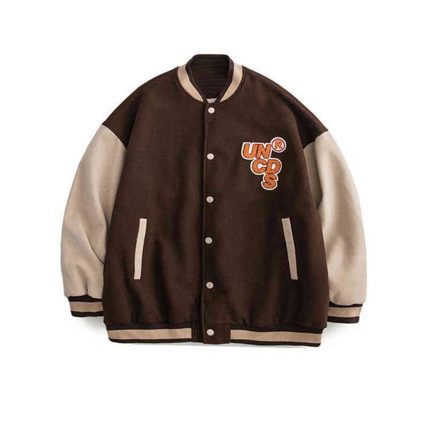 

american tide baseball uniform women patchwork embroid varsity letterman jackets men bomber jacket street college brown t220816, Black;brown