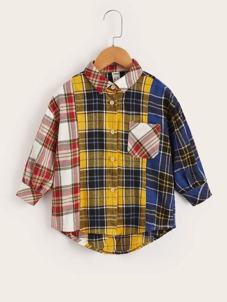 

toddler girls plaid print patched pocket blouse she, White;black