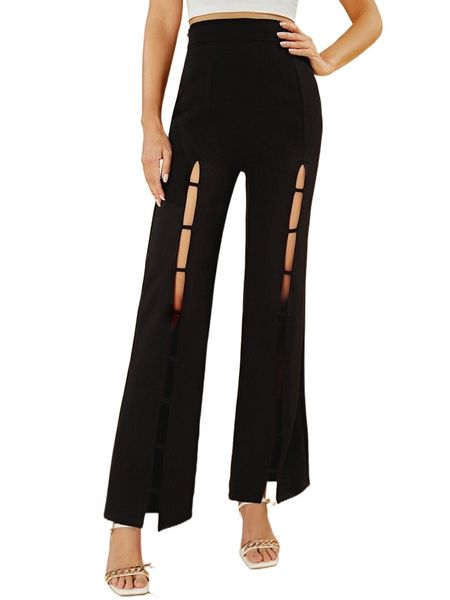 

cutout slit hem solid pants j8c8#, Black;white