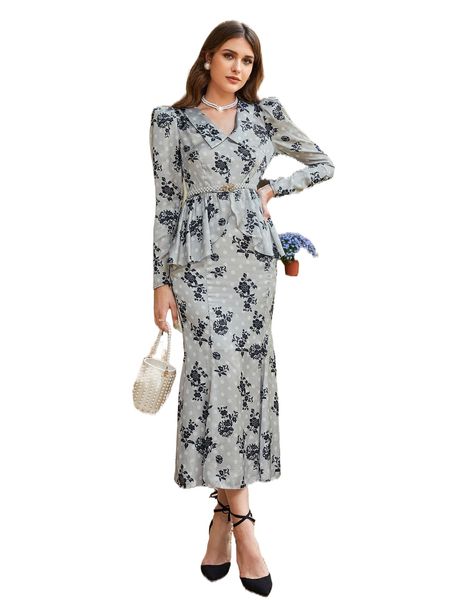 

floral & polka dot print peplum & mermaid hem skirt without belt x0dp#, White