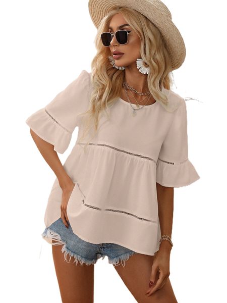 

guipure lace insert flounce sleeve ruffle hem blouse q6wk#, White