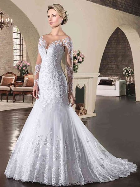 

ball gown wedding dresses fishtail wedding dress bride long sleeve double shoulder lace is thin and simple tailing court, White