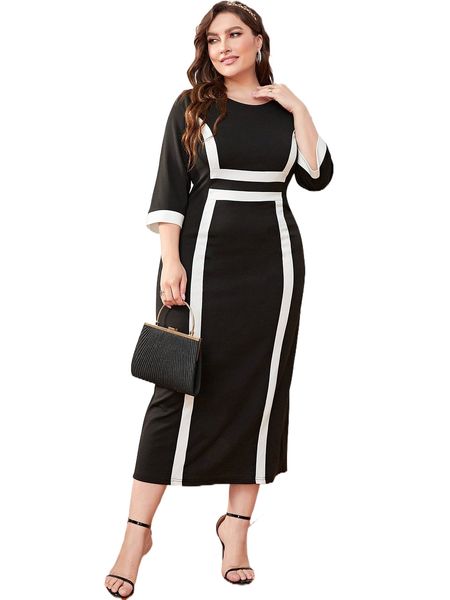 

plus contrast trim split back dress 71l2#, Black