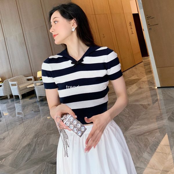

women's sweaters summer miu home knitted t-shirt short sleeve female sweet age reducing temperament navy collar slim stripe ice silk to, White;black
