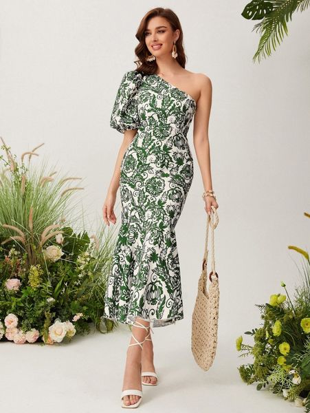

floral print one shoulder puff sleeve mermaid hem dress u0fx#, Black;gray