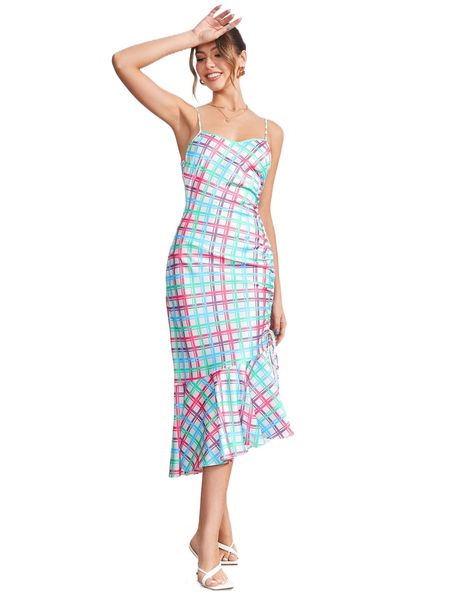 

x rachel elle plaid drawstring side mermaid hem satin cami dress n8xu#, Black;gray