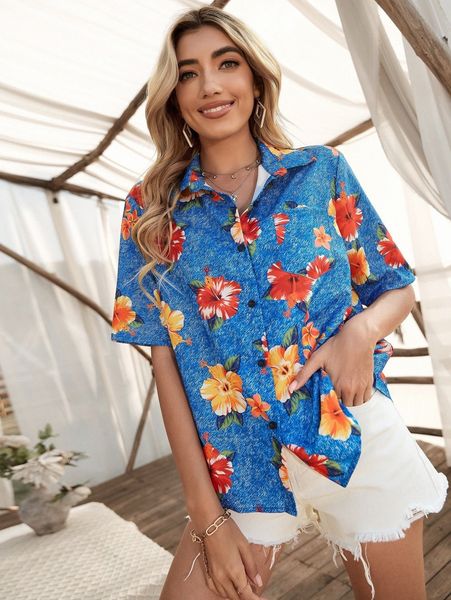 

floral print button front blouse y7mj#, White