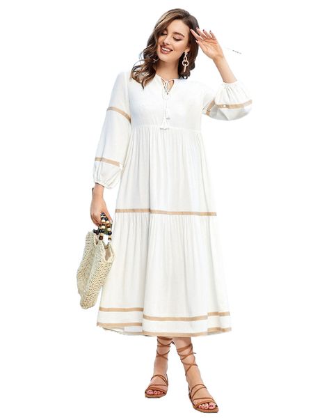 

tie front fringe detail bishop sleeve dress u3ml#, Black;gray