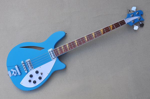 

factory custom semi-hollow sky blue electric bass guitar with white pickguard,rosewood fingerboard,yellow pearl fret inlay,offer customized