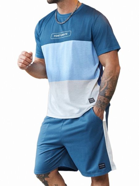 

men colorblock letter graphic tee with drawstring waist track shorts k4yh#, Gray