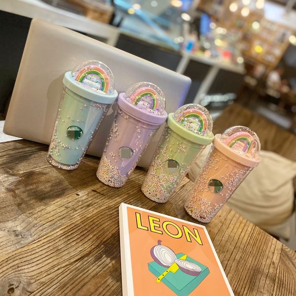

rainbow starbucks cold mug with logo tumbler double layer plastic reusable straw cups coffee mugs milk juice cup water bottle for girl gift