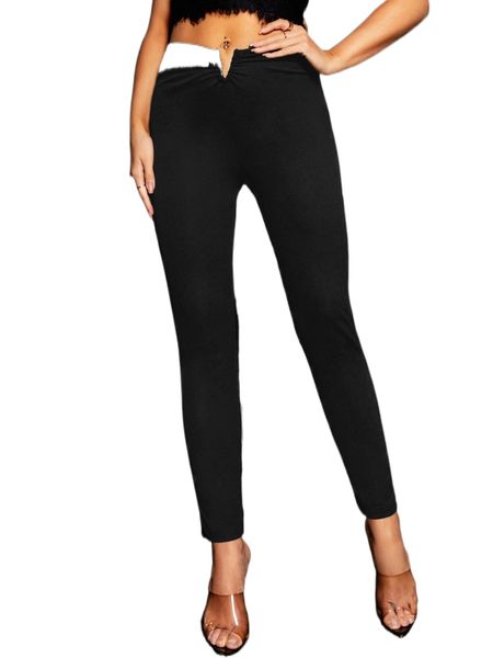 

v-ring buckle detail skinny pants c5lk#, Black;white