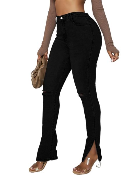 

cut out ripped frayed split hem skinny jeans a4hf#, Blue