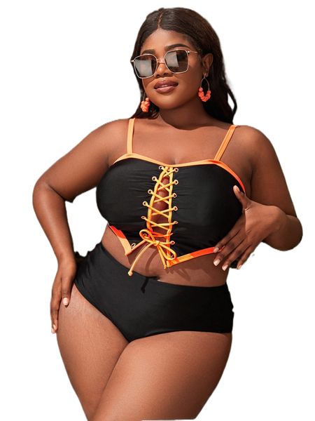 

plus contrast binding grommet lace up high waist bikini swimsuit z72g#, White;black