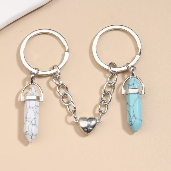 natural crystal quartz stone key ring love heart magnetic button keychains for couple friend gifts diy handmade jewelry keyrings, Silver