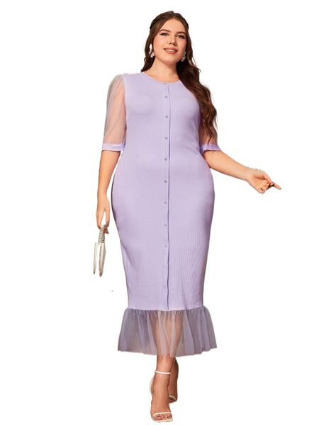 

plus contrast mesh puff sleeve fake button ruffle hem dress u9yj#, Black