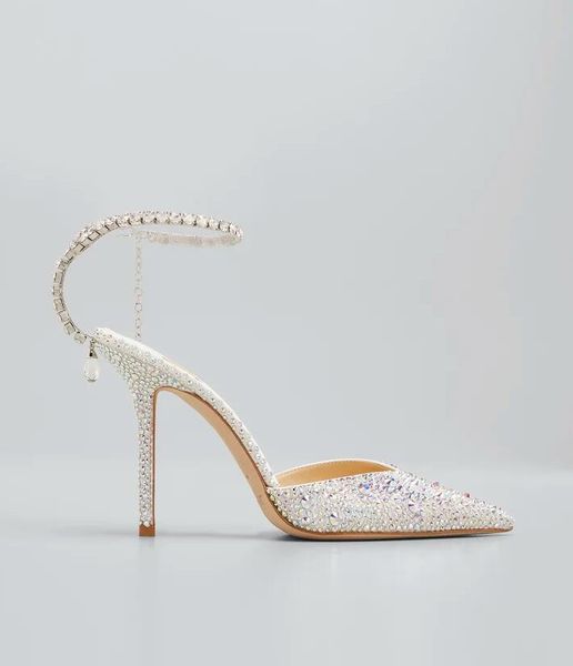 

women bridal pump sandal slingback saeda ivory satin pumps with crystal embellishment pointed-toe slim heel crystals ankle strap chain name, Black