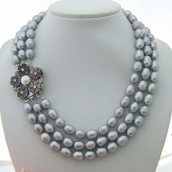 

3 strand natural gray rice freshwater pearl necklace jewelry, Silver