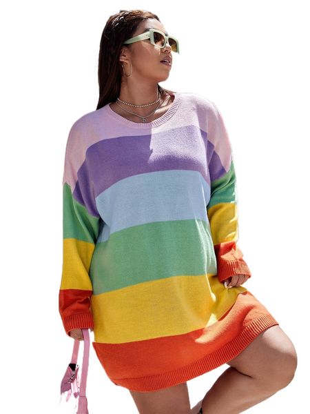 

plus color block drop shoulder sweater dress l6jb#, Black