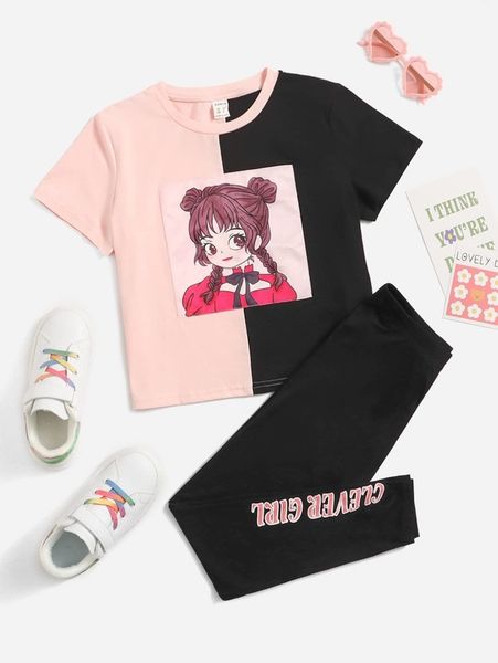 

girls figure print colorblock tee & slogan pattern sweatpants she, White
