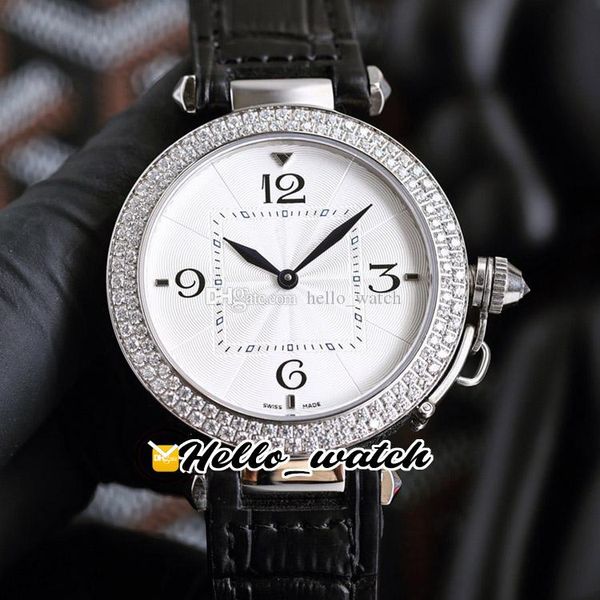 Pash De Fashion Ladies Watches WSPA0012 W2PA0008 Swiss Kuvars Kadınlar İzle Beyaz Doku Dostu Çelik Kasa Elmas Çerçevesi Siyah Deri Kayış HelloWatch G11A