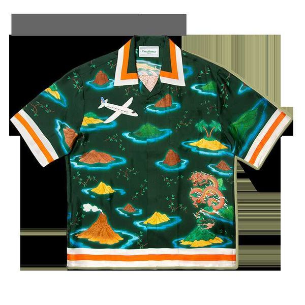 

men's casual shirts high version casablanca sicilian dragon island silk men's and women's hawaiian short sleeve shirt, White;black