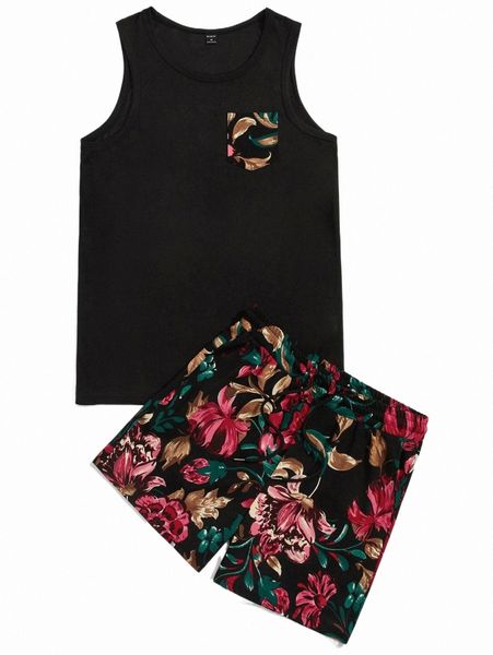 

men floral print patched pocket tank & drawstring waist shorts z178#, Gray