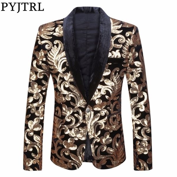 

pyjtrl sequins velvet series men shawl lapel blazer designs black velvet gold flowers sequins suit jacket dj club singer clothes 201104, White;black