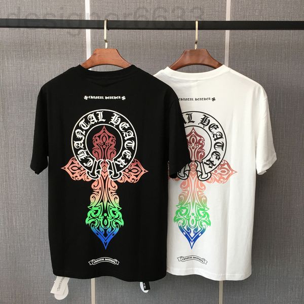 

men's t-shirts designer ch chao brand summer horseshoe cross gradient printing men's and women's lovers' versatile round, White;black
