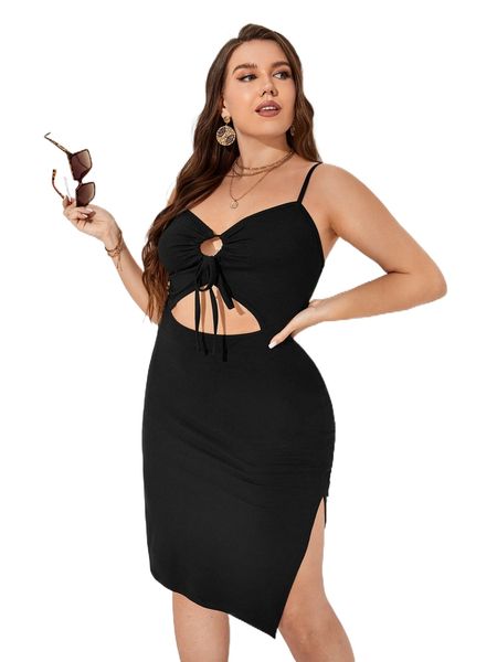 

plus cut out drawstring front cami dress q8zk#, Black