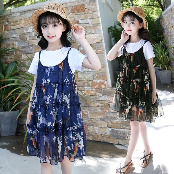 

clothing sets girls 2022 summer o-neck short sleeve t-shirt + sling chiffon princess dress children's two piece set, White