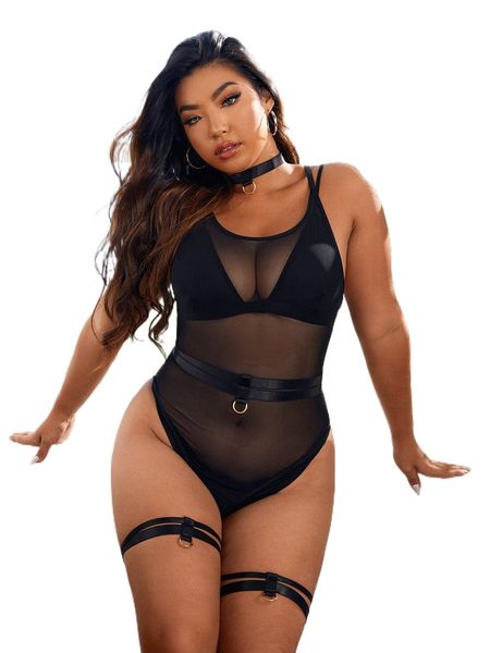 

plus 5pack ring crisscross back teddy bodysuit without liner u3ja#, Black;white