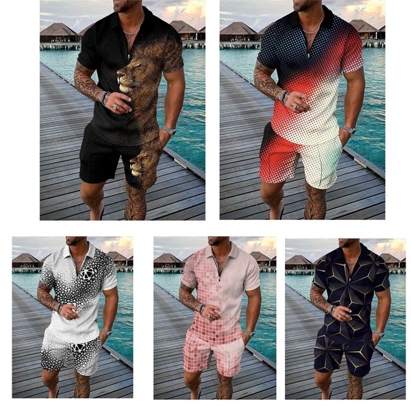 

men s tracksuit casual short sleeve zipper polo shirt shorts set for men streetwear 2 piece suit summer 220617, Gray