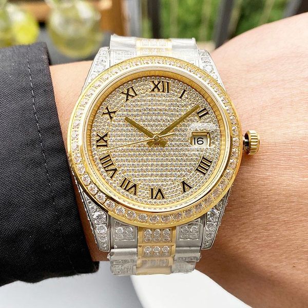 

full diamonds mens watch 41mm automatic mechanical watches sapphire luminous diamond bezel waterproof wristwatches montre de luxe, Slivery;brown