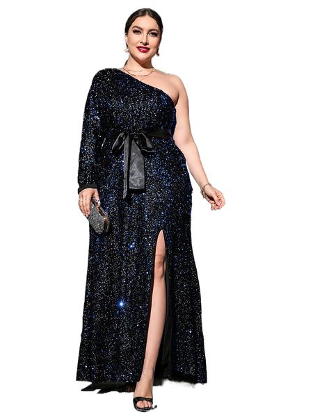 

plus one shoulder split thigh belted sequins maxi dress e4wc#, Black
