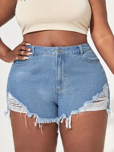 

plus ripped raw hem denim shorts 65oe#, White;black